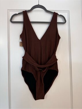 Women's Ribbed Brown One-Piece Swimsuit with Tie Waist